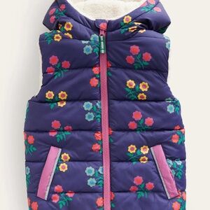 Mini Boden - College Navy Flower Borg Mix Reversible Gilet Puffer Vest, Size 4-5